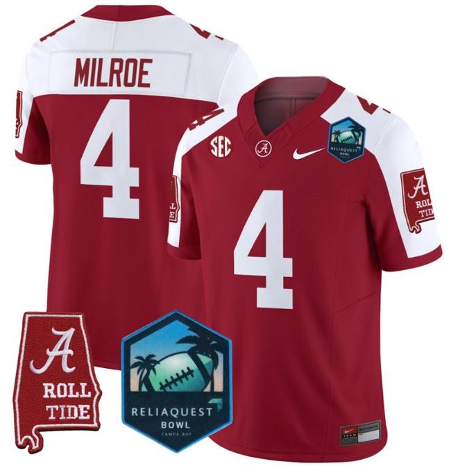 Men's Nike Jalen Milroe Jersey #4 Alabama Crimson Tide 2025 ReliaQuest Bowl Patch F.U.S.E. Vapor Limited Stitched College Football Crimson Alternate