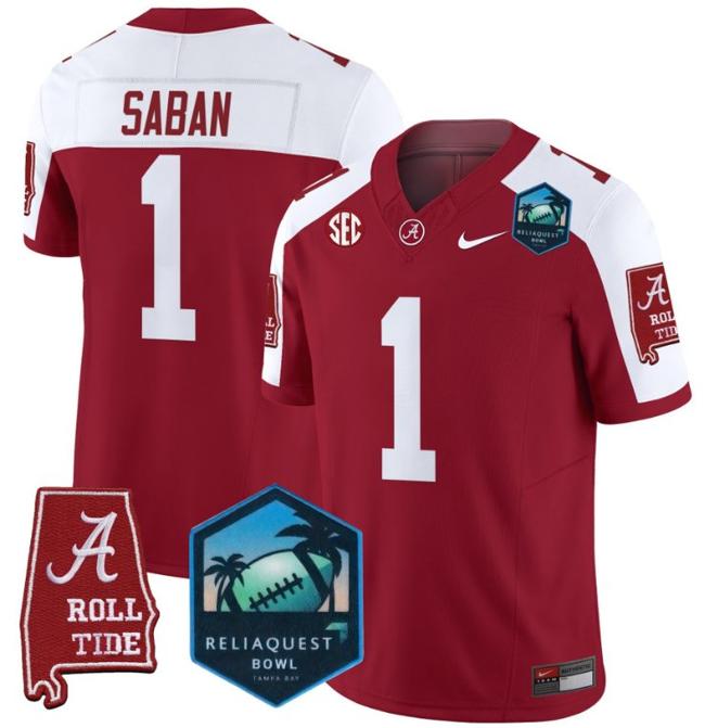 Men's Nike Nick Saban Jersey #1 Alabama Crimson Tide 2025 ReliaQuest Bowl Patch F.U.S.E. Vapor Limited Stitched College Football Crimson Alternate