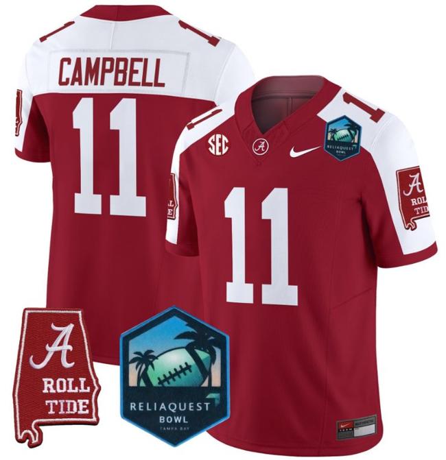 Men's Nike Jihaad Campbell Jersey #11 Alabama Crimson Tide 2025 ReliaQuest Bowl Patch F.U.S.E. Vapor Limited Stitched College Football Crimson Alternate