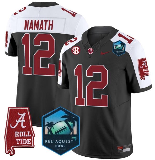 Men's Nike Joe Namath Jersey #12 Alabama Crimson Tide 2025 ReliaQuest Bowl Patch F.U.S.E. Vapor Limited Stitched College Football Black Alternate