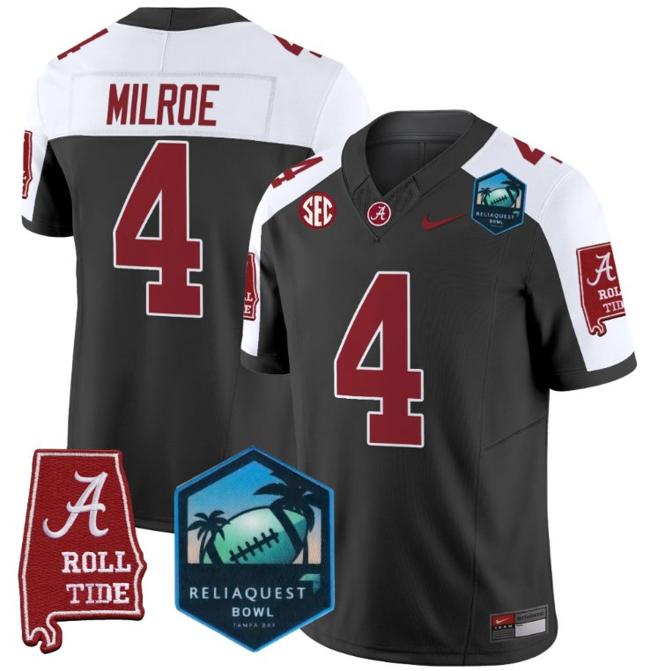 Men's Nike Jalen Milroe Jersey #4 Alabama Crimson Tide 2025 ReliaQuest Bowl Patch F.U.S.E. Vapor Limited Stitched College Football Black Alternate