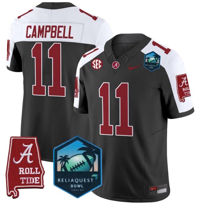 Men's Nike Jihaad Campbell Jersey #11 Alabama Crimson Tide 2025 ReliaQuest Bowl Patch F.U.S.E. Vapor Limited Stitched College Football Black Alternate