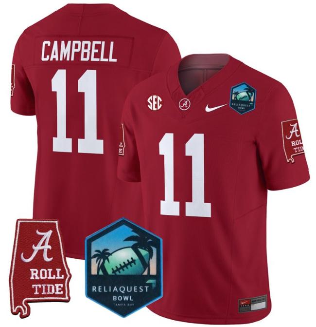 Men's Nike Jihaad Campbell Jersey #11 Alabama Crimson Tide 2025 ReliaQuest Bowl Patch F.U.S.E. Vapor Limited Stitched College Football Crimson