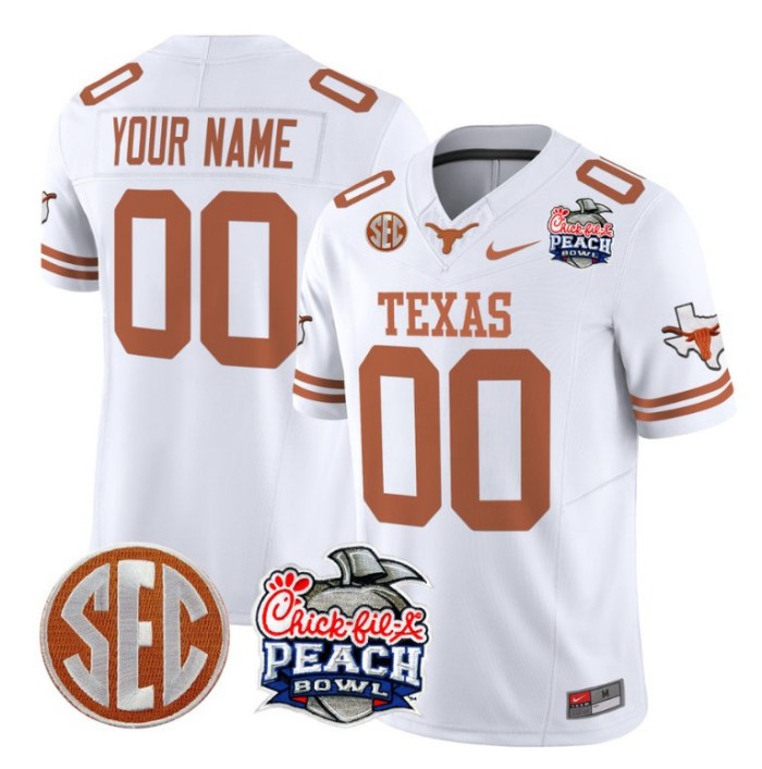 Custom Texas Longhorns Jersey Peach Bowl Patch Vapor Football White