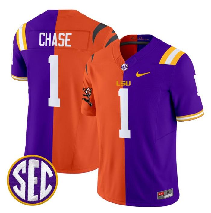 Men's Nike Ja'Marr Chase Jersey #1 LSU Tiger Split Vapor Limited V2 Football All Stitched