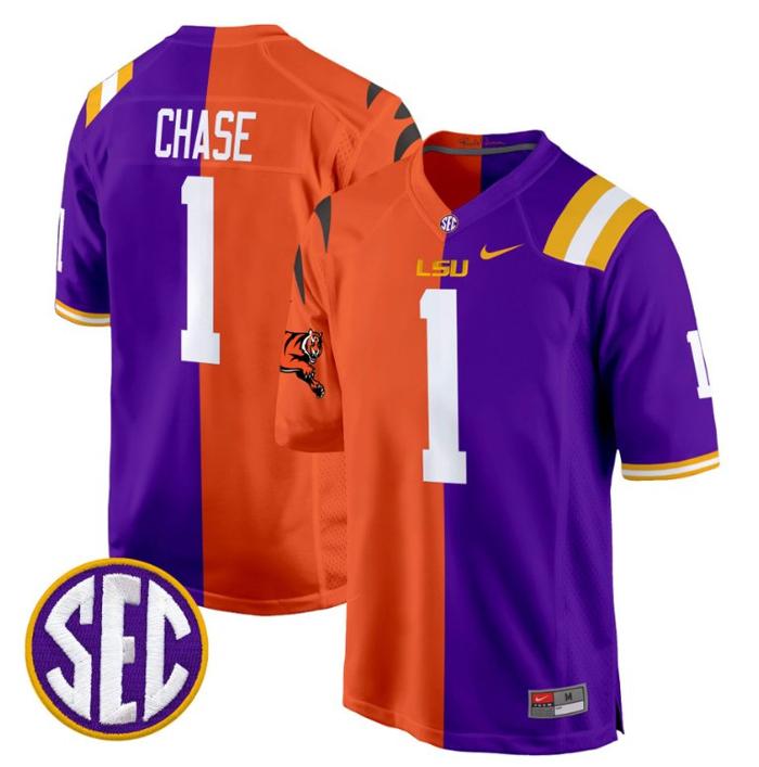 Men's Nike Ja'Marr Chase Jersey #1 LSU Tiger Split Game College Football All Stitched