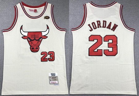 Men's Chicago Bulls #23 Michael Jordan Cream Chainstitch Throwback Swingman Jersey