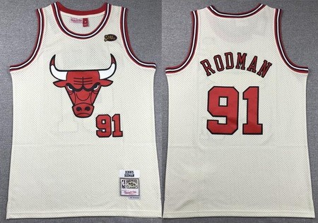 Men's Chicago Bulls #91 Dennis Rodman Cream Chainstitch Throwback Swingman Jersey