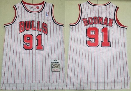 Men's Chicago Bulls #91 Dennis Rodman White Red Stripes 1997 Throwback Swingman Jersey