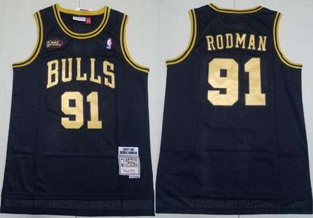 Men's Chicago Bulls #91 Dennis Rodman Black Gold 1997 Finals Throwback Swingman Jersey