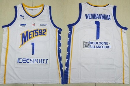 Men's Paris Mets 92 #1 Victor Wembanyama White Swingman Basketball Jersey