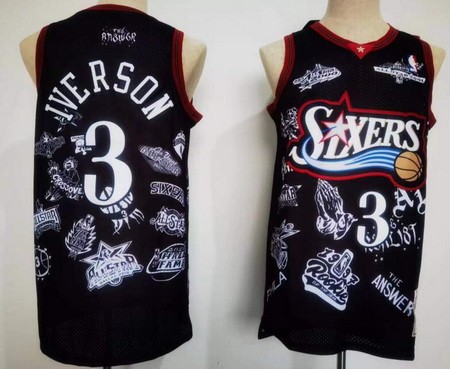 Men's Philadelphia 76ers #3 Allen Iverson Black Team Logos Swingman Jersey