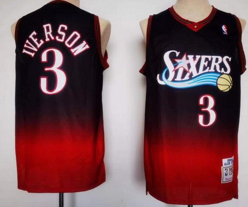 Men's Philadelphia 76ers #3 Allen Iverson Black Red Throwback Swingman Jersey