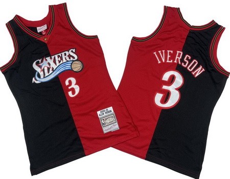 Men's Philadelphia 76ers #3 Allen Iverson Black Red Split 2000 Throwback Swingman Jersey