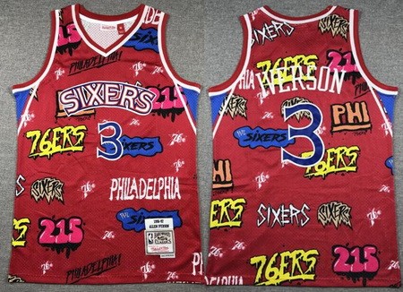 Men's Philadelphia 76ers #3 Allen Iverson Red Doodle Fashion Swingman Jersey