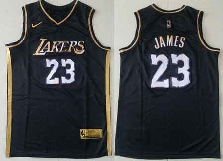 Men's Los Angeles Lakers #23 LeBron James Black Gold 2021 Swingman Jersey