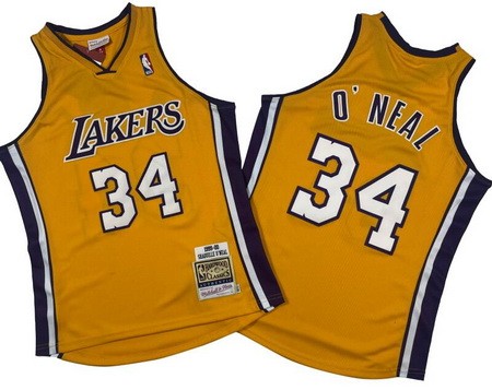 Men's Los Angeles Lakers #34 Shaquille O'Neal Yellow 1999 Throwback Swingman Jersey