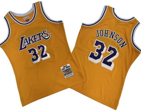 Men's Los Angeles Lakers #32 Magic Johnson Yellow 1984 Throwback Swingman Jersey