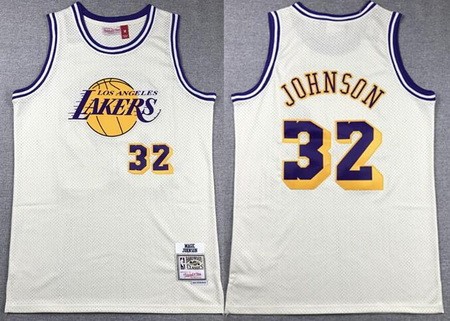 Men's Los Angeles Lakers #32 Magic Johnson Cream Chainstitch Throwback Swingman Jersey