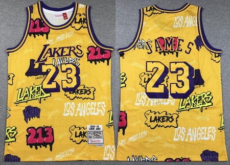 Men's Los Angeles Lakers #23 LeBron James Yellow Doodle Fashion Swingman Jersey