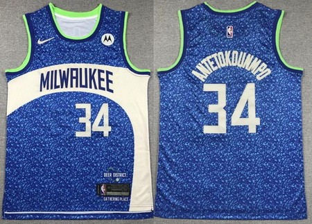 Men's Milwaukee Bucks #34 Giannis Antetokounmpo Blue 2023 City Icon Sponsor Swingman Jersey