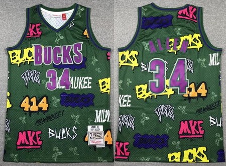 Men's Milwaukee Bucks #34 Giannis Antetokounmpo Green Doodle Swingman Jersey