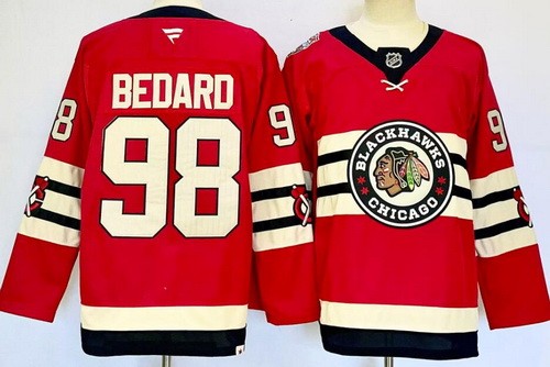 Men's Chicago Blackhawks #98 Connor Bedard Red 2025 Winter Classic Authentic NHL Stitched Hockey Jersey