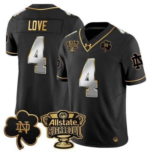 Men's Notre Dame Fighting Irish #4 Jeremiyah Love 2024 Sugar Bowl Gold Patch Vapor Limited Stitched Jersey Black Limited