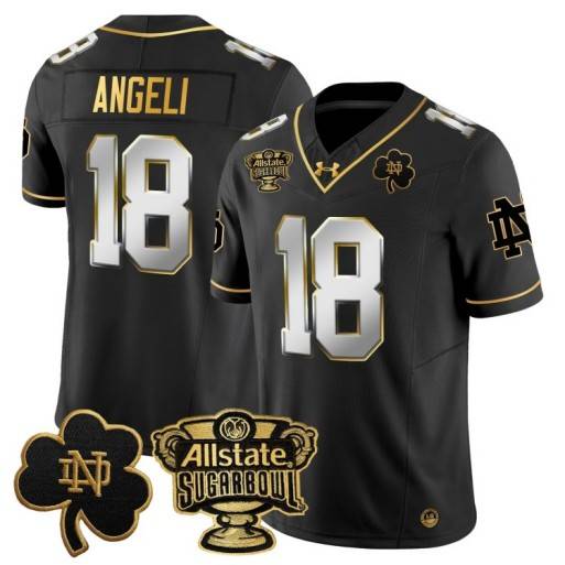 Men's Notre Dame Fighting Irish #18 Steve Angeli 2024 Sugar Bowl Gold Patch Vapor Limited Stitched Jersey Black Limited