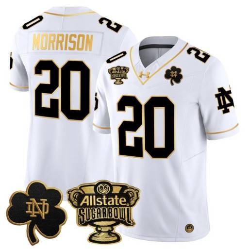 Men's Notre Dame Fighting Irish #20 Benjamin Morrison 2024 Sugar Bowl Gold Patch Vapor Limited Stitched Jersey White Gold