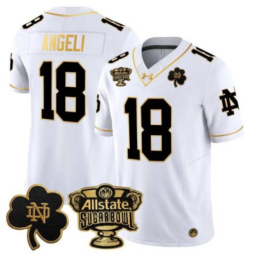 Men's Notre Dame Fighting Irish #18 Steve Angeli 2024 Sugar Bowl Gold Patch Vapor Limited Stitched Jersey White Gold