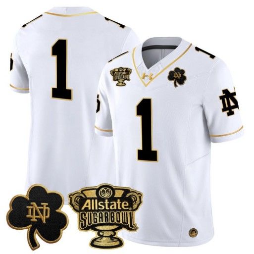 Men's Notre Dame Fighting Irish #1 Team 2024 Sugar Bowl Gold Patch Vapor Limited Stitched Jersey White Gold