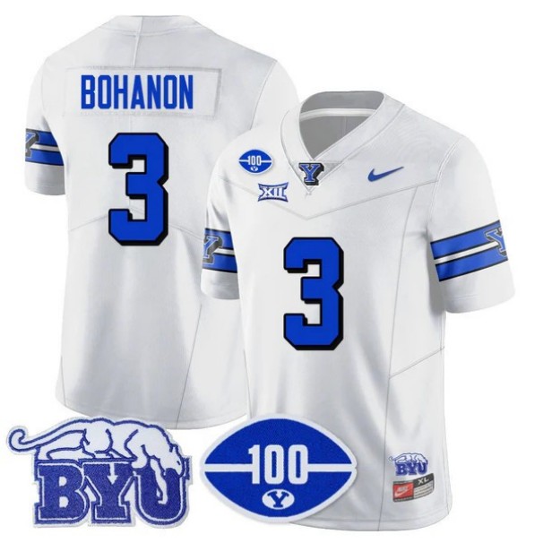 Men's BYU Cougars #3 Gerry Bohanon 100th Season 2024 NCAA Football Nike Limited Vapor Stitched Jersey White