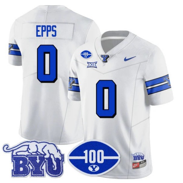 Men's BYU Cougars #0 Kody Epps 100th Season 2024 NCAA Football Nike Limited Vapor Stitched Jersey White