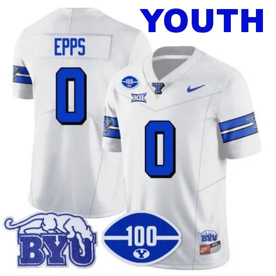 Youth BYU Cougars #0 Kody Epps 100th Season 2024 NCAA Football Nike Limited Vapor Stitched Jersey White