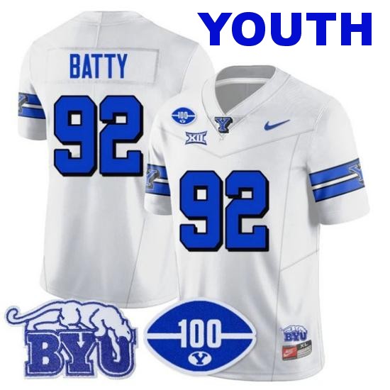 Youth BYU Cougars #92 Tyler Batty 100th Season 2024 NCAA Football Nike Limited Vapor Stitched Jersey White