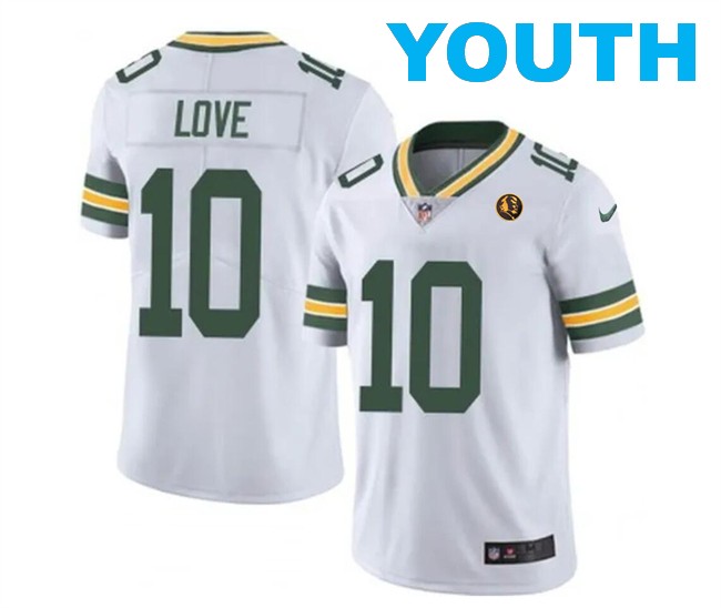 Youth Green Bay Packers #10 Jordan Love White With John Madden Patch Vapor Limited Stitched Football Jersey