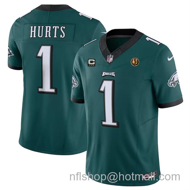 Men's Philadelphia Eagles #1 Jalen Hurts Green 2023 F.U.S.E. With 3-Star C Patch And John Madden Patch Vapor Limited Stitched Football Jersey