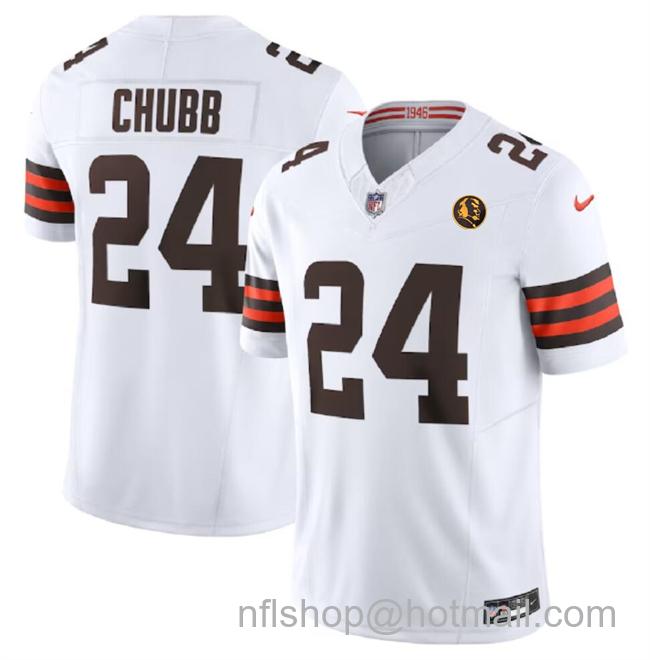 Men's Cleveland Browns #24 Nick Chubb White 2023 F.U.S.E. With John Madden Patch Vapor Limited Stitched Football Jersey