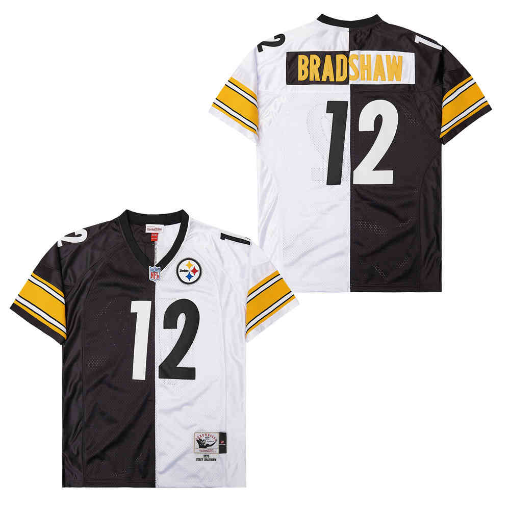 Men's Pittsburgh Steelers #12 Terry Bradshaw Black White Split 2005 Throwback Jersey