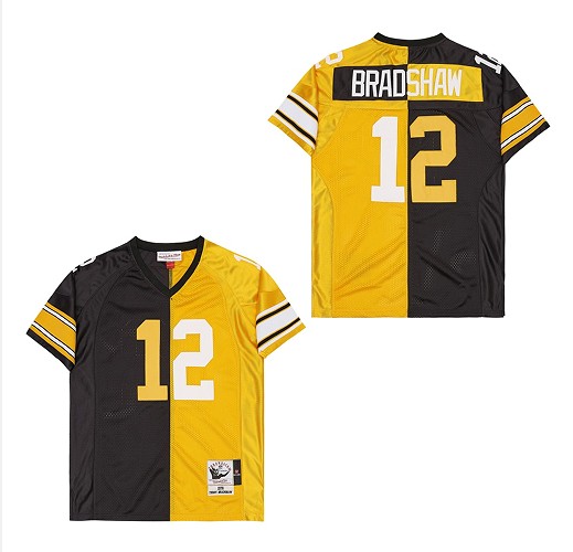 Men's Pittsburgh Steelers #12 Terry Bradshaw Black Yellow Split 1975 Throwback Jersey