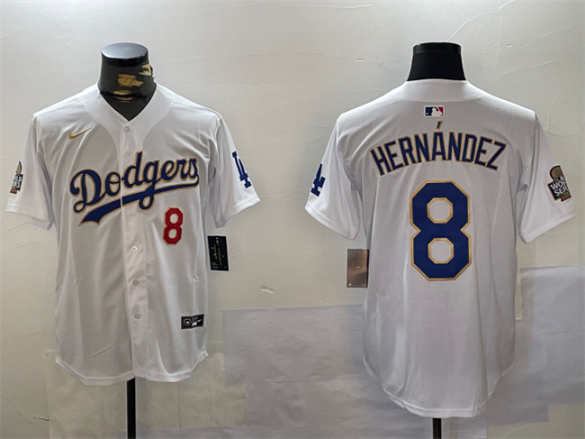 Men's Los Angeles Dodgers #8 Enrique Hernández White Gold 2024 World Series Home Limited Stitched Baseball Jersey