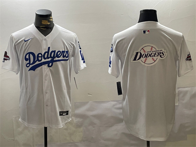 Men's Los Angeles Dodgers Team Big Logo White 2024 World Series Champions With Fernando Memorial Patch Home Limited Stitched Baseball Jersey