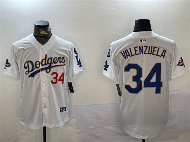 Men's Los Angeles Dodgers #34 Toro Valenzuela White Gold 2024 World Series Champions With Fernando Memorial Patch Home Limited Stitched Baseball Jersey