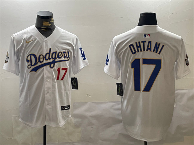 Men's Los Angeles Dodgers #17 Shohei Ohtani White Gold 2024 World Series Home Limited Stitched Baseball Jersey