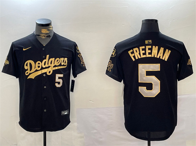 Men's Los Angeles Dodgers #5 Freddie Freeman Black_Gold 2024 World Series Champions With Fernando Memorial Patch Limited Stitched Baseball Jersey