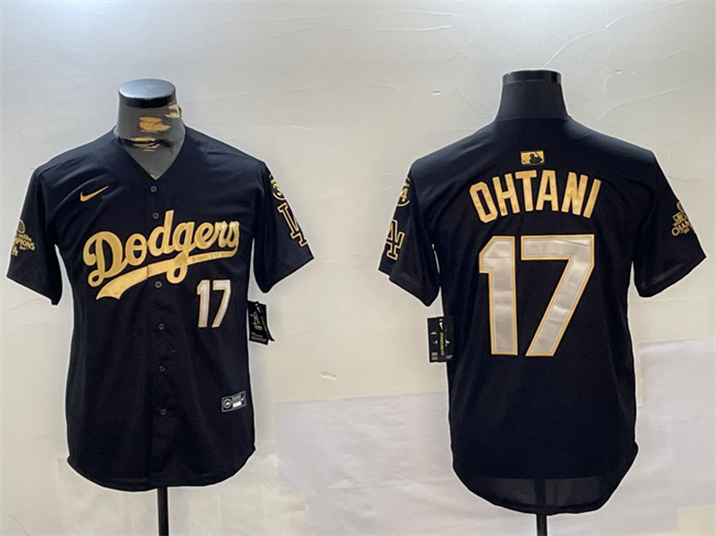 Men's Los Angeles Dodgers #17 Shohei Ohtani Black_Gold 2024 World Series Champions With Fernando Memorial Patch Limited Stitched Baseball Jersey