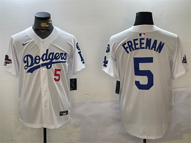 Men's Los Angeles Dodgers #5 Freddie Freeman White 2024 World Series Champions With Fernando Memorial Patch Home Limited Stitched Baseball Jersey