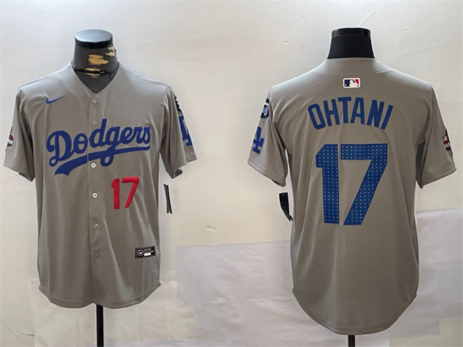 Men's Los Angeles Dodgers #17 Shohei Ohtani Grey 2024 World Series Champions With Fernando Memorial Patch Limited Stitched Baseball Jersey