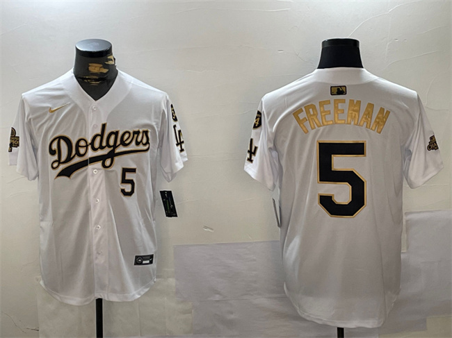 Men's Los Angeles Dodgers #5 Freddie Freeman White_Gold 2024 World Series Champions With Fernando Memorial Patch Limited Stitched Baseball Jersey